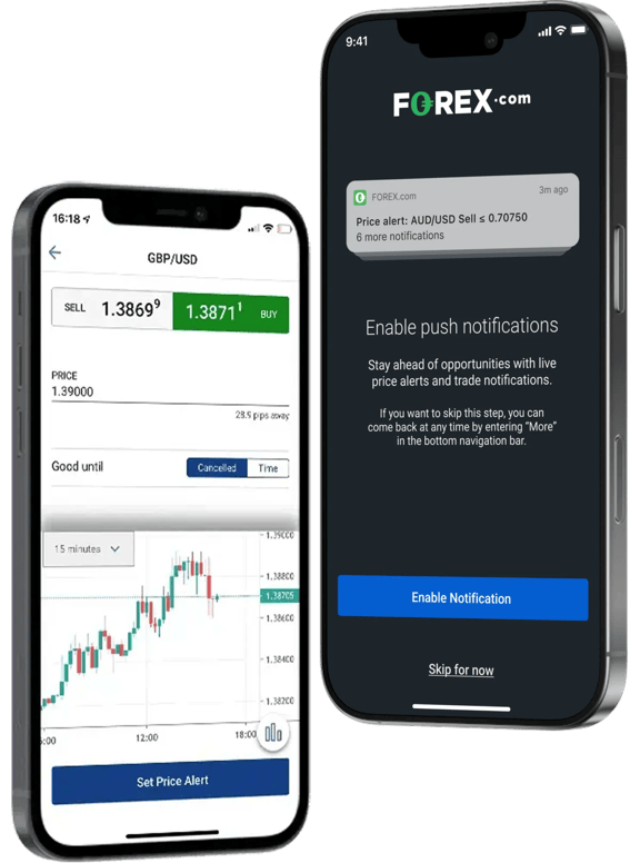Two smartphones displaying forex trading app screens, one showing GBP/USD price chart and the other showing push notification settings for trade alerts