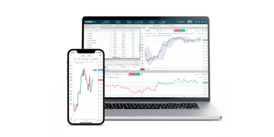 Laptop and mobile showing FOREX.com trading platform with charts and pricing