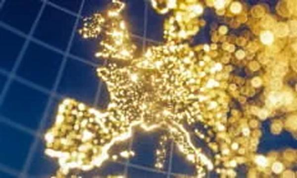 Glowing digital map of Europe with illuminated regions and a grid overlay in the background