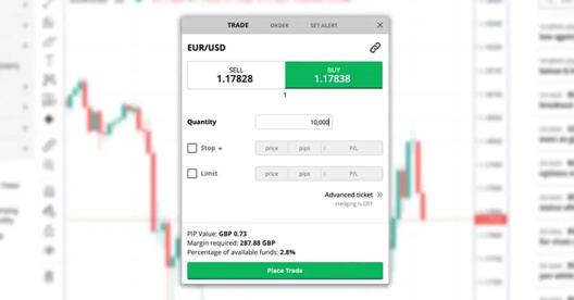 EUR/USD deal ticket to buy 10,000USD in FOREX.com web platform