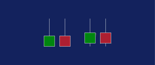 Two pairs of candlestick patterns showing green bullish and red bearish candles with long upper wicks on a dark blue background