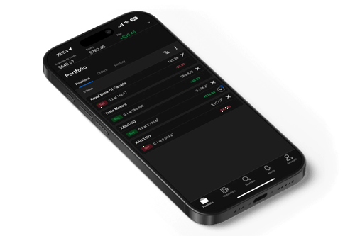 Smartphone screen displaying a financial portfolio app with stock and commodity holdings including Tesla, Royal Bank of Canada, and XAU/USD gold trades, showing real-time price changes and total balance.