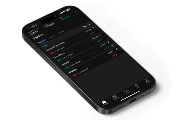Smartphone displaying a dark themed trading app interface with market positions and navigation icons