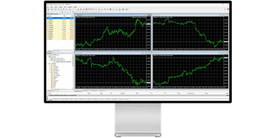 Computer monitor displaying a forex trading platform with multiple candlestick charts and currency pair listings.