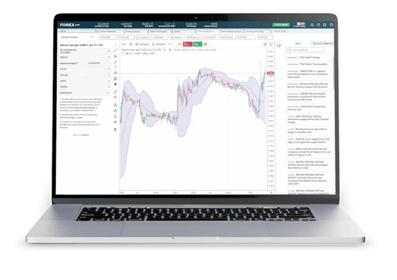 Laptop displaying an online trading platform with a natural gas CFD price chart and Bollinger Bands indicator.