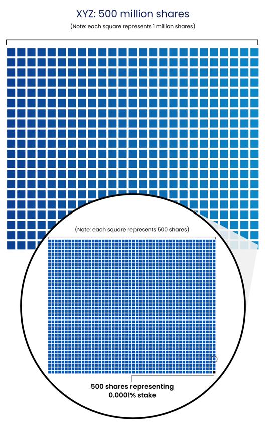 Diagram illustrating XYZ company’s 500 million shares represented by squares, with a zoomed-in section showing 500 shares equating to a 0.0001 percent stake, highlighting ownership proportion.