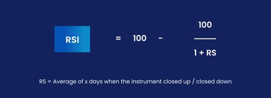 RSI formula showing calculation as 100 minus 100 divided by 1 plus RS. RS equals average of x days when the instrument closed up divided by closed down.