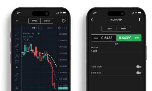 Three smartphone screens showcasing a trading app: AUD/USD forex trade details in light and dark themes, a stock portfolio with ticker prices and performance in dark mode, and a candlestick chart with EUR/USD trade execution options.