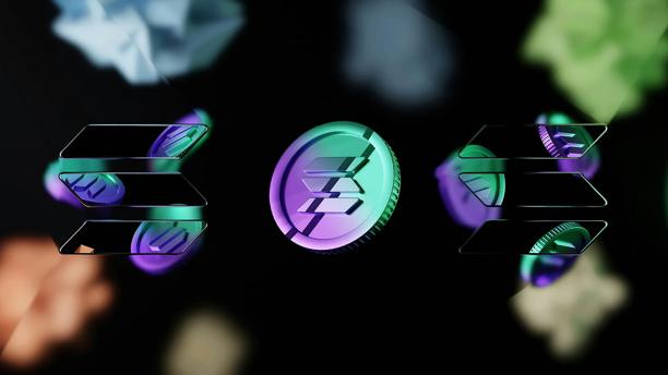 Close-up of a Solana cryptocurrency coin illuminated with vibrant purple and green lighting