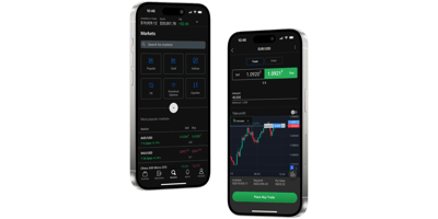 Two smartphones displaying a trading app with live market data for currency pairs and gold CFDs, including charts and trade options.
