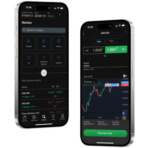 Two smartphones displaying a trading app with live market data for currency pairs and gold CFDs, including charts and trade options.