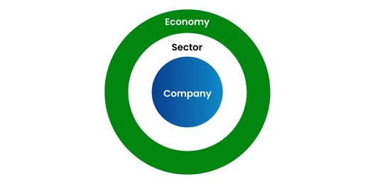 A concentric circle diagram showing three levels of analysis in investing: the outer green ring labeled Economy, the middle white ring labeled Sector, and the inner blue circle labeled Company.