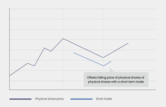 Line chart comparing physical share price and short trade strategy to offset falling prices