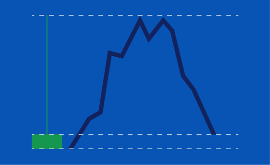 Price chart showing a green candlestick with long upper wick and marked high and low range on a blue background