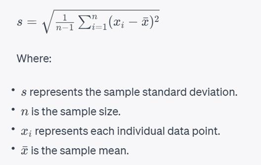 Mathematical formula for calculating the sample standard deviation, with definitions of each variable shown below