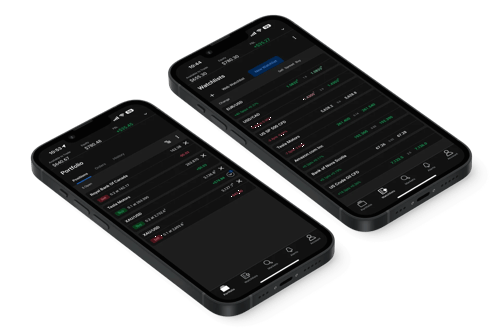 Two smartphones displaying a trading app interface: one showing AUD/USD forex trade details in light and dark themes, and the other showing a stock portfolio with ticker prices, gains, and losses in a dark-themed layout.