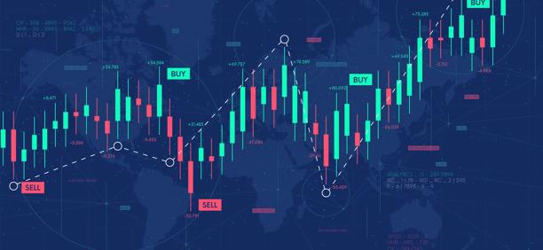 Digital stock market chart showing candlestick patterns with buy signals highlighted. The graph displays green and red bars representing price movements on a dark background.