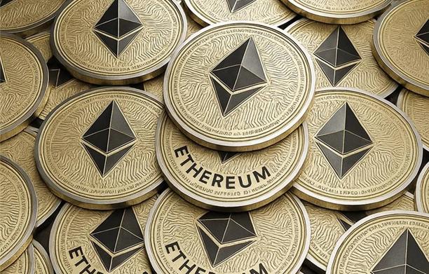 Pile of Ethereum coins representing blockchain technology, cryptocurrency trading, and digital assets