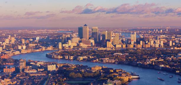 View of Canary Wharf and River Thames at sunset