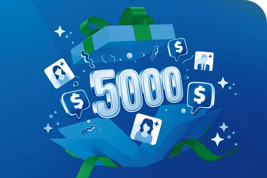 Illustrated graphic showing a gift box opening to reveal a 5,000 dollar reward, with icons representing users and financial incentives
