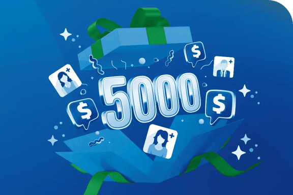 Illustrated graphic showing a gift box opening to reveal a 5,000 dollar reward, with icons representing users and financial incentives