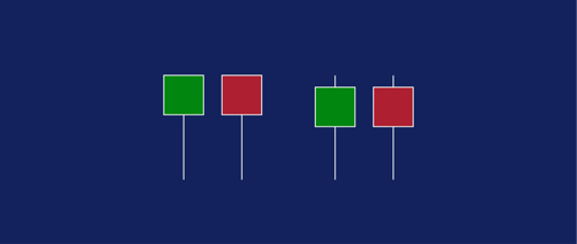 Two pairs of candlestick patterns showing green bullish and red bearish candles with long lower wicks on a dark blue background