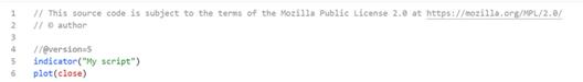 Screenshot of source code showing a simple trading indicator script with license header and plot function