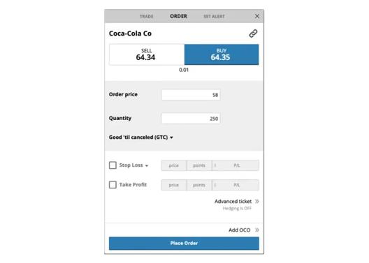 Trading platform order ticket showing Coca-Cola Co stock buy and sell interface for a buy limit order