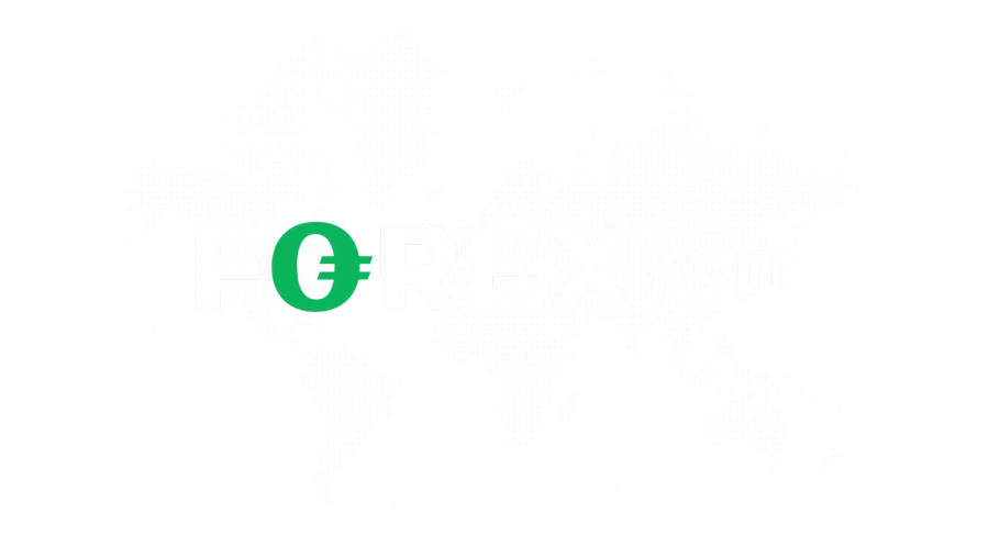 FOREX.com logo with stylized green currency symbol and faint world map background
