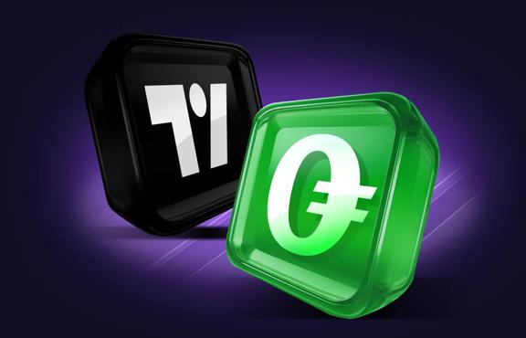 3D graphic showing two trading-related icons. One icon is black with a stylized letter T, and the other is green with a currency symbol.