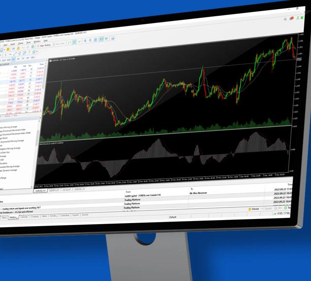Desktop monitor showing MT5 trading platform with candlestick charts and technical indicators. The interface includes market data and analysis tools.
