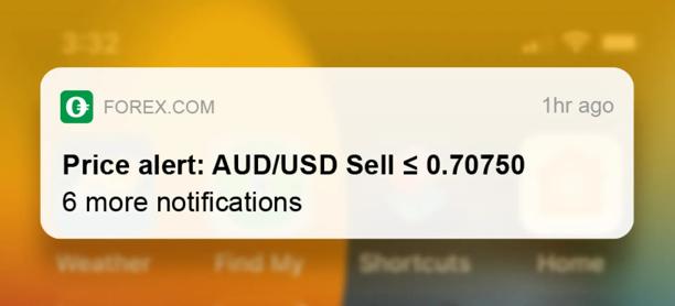 Mobile notification showing Forex price alert for AUD USD sell order at 0.70750 with additional notifications