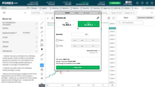 FOREX.com trading platform showing Bitcoin to GBP place trade window with trade size, margin, and live price chart