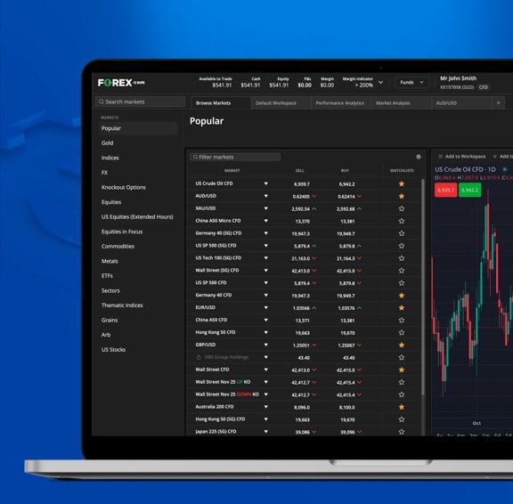Laptop displaying forex trading platform with popular market watchlist including commodities indices and currency pairs