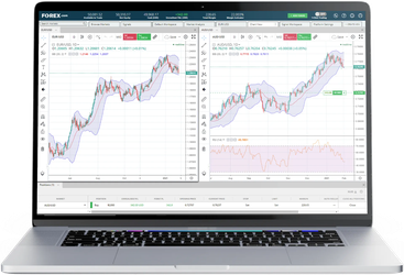 Laptop screen displaying a forex trading platform with currency pairs list candlestick chart and technical indicators for market analysis.