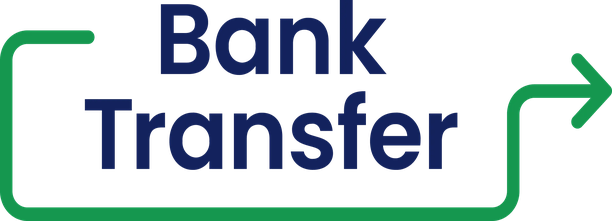 Bank Transfer logo featuring bold blue text with a green outlined arrow pointing to the right on a white background. Clean design representing electronic money transfer services.