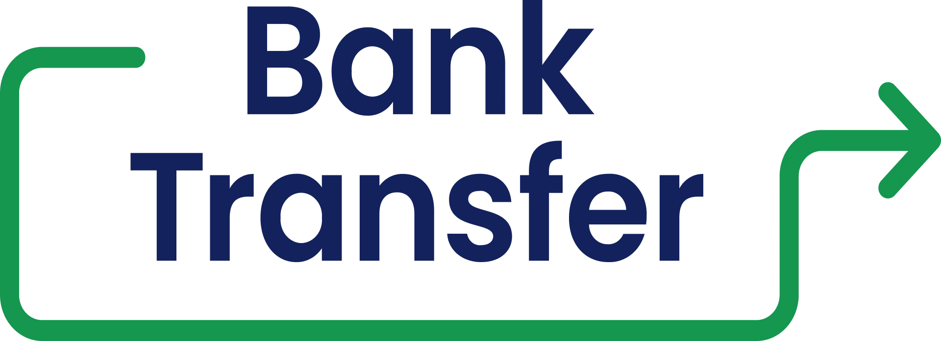 Bank Transfer logo featuring bold blue text with a green outlined arrow pointing to the right on a white background. Clean design representing electronic money transfer services.