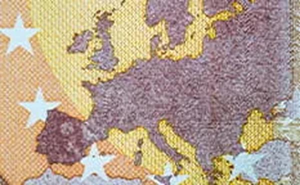 Close up image of a textured map of Europe in muted colors with white stars resembling currency design elements