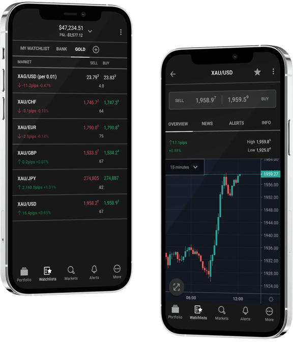 Two smartphones displaying trading app with currency watchlist and XAU/USD gold trading chart