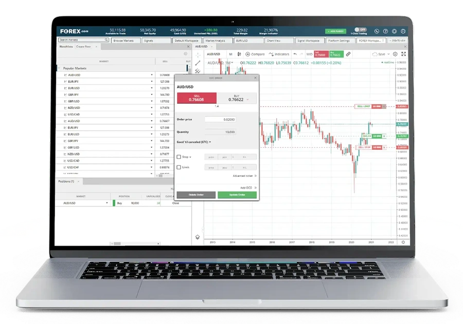 AUD/USD deal ticket with TradingView chart and Popular Markets in the background