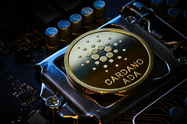 Close-up of a Cardano ADA cryptocurrency coin resting on computer hardware