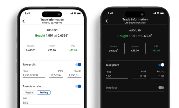 Mobile forex trading app showing AUD/USD transaction details in light and dark themes, including order ID, margin, profit & loss, and trade settings.