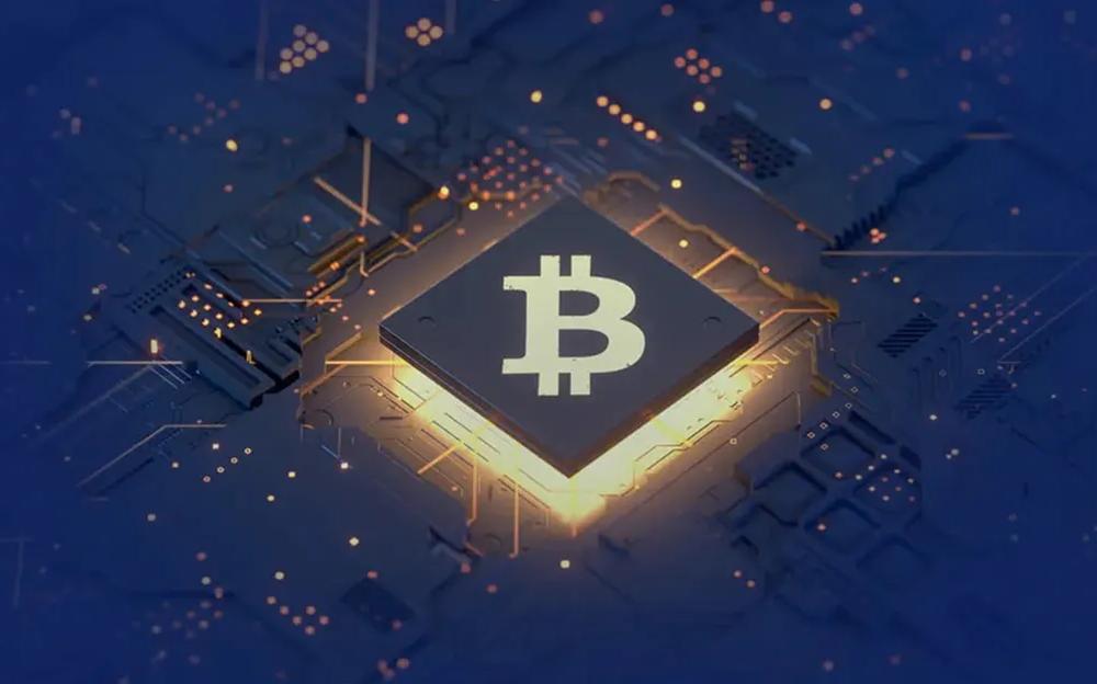 Bitcoin logo on blue background banner