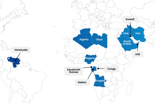 Map showing OPEC (Organization of the Petroleum Exporting Countries) countries highlighted in blue