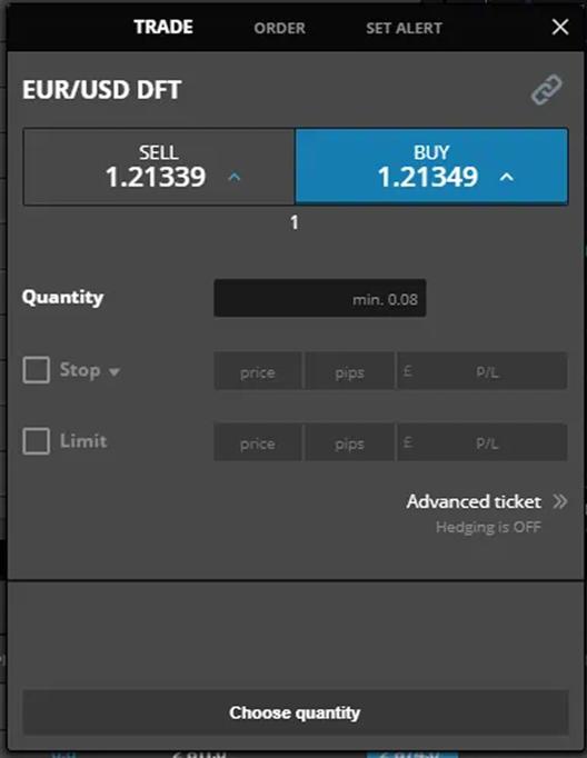 Market order ticket for EUR/USD currency pair showing buy and sell prices, trade quantity, and price tolerance options