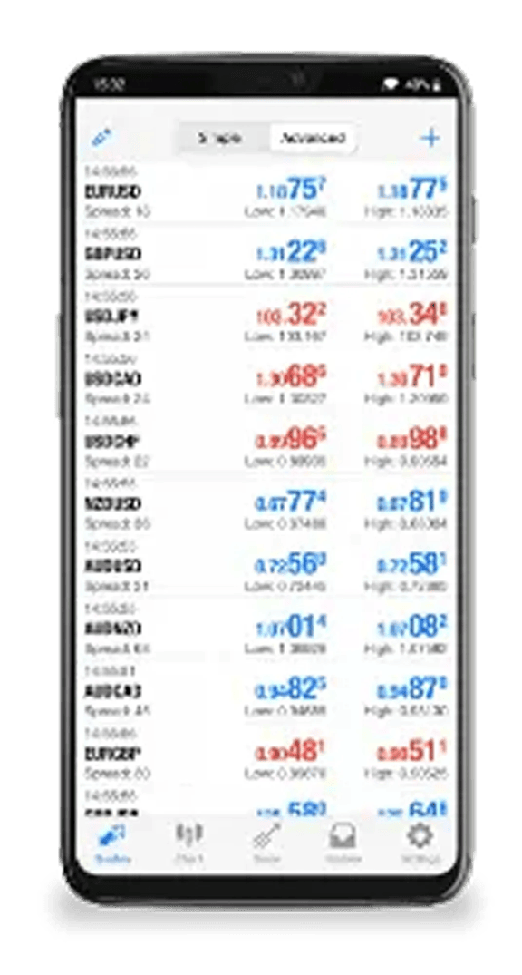 Smartphone screen showing MT5 Android app with list of FX pairs
