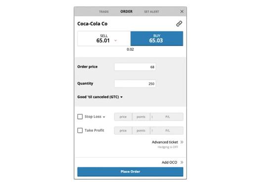 Trading platform order ticket showing Coca-Cola Co stock buy and sell interface with order price, quantity, and optional stop loss and take profit settings