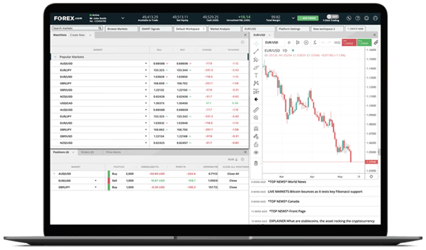 Laptop screen displaying a trading platform interface with market watch order list and a price chart showing downward movement