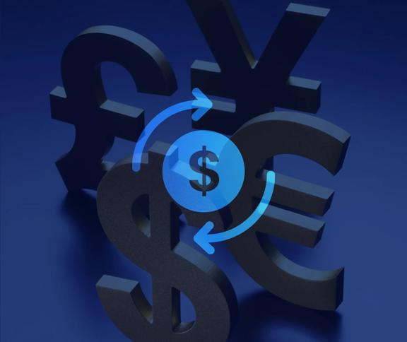 3D currency symbols including Dollar, Euro, Yen, and Pound with a circular exchange icon overlay on a blue background.