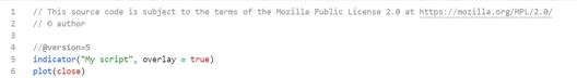 Screenshot of Pine Script code showing an indicator declaration and plot function beneath explanatory text.